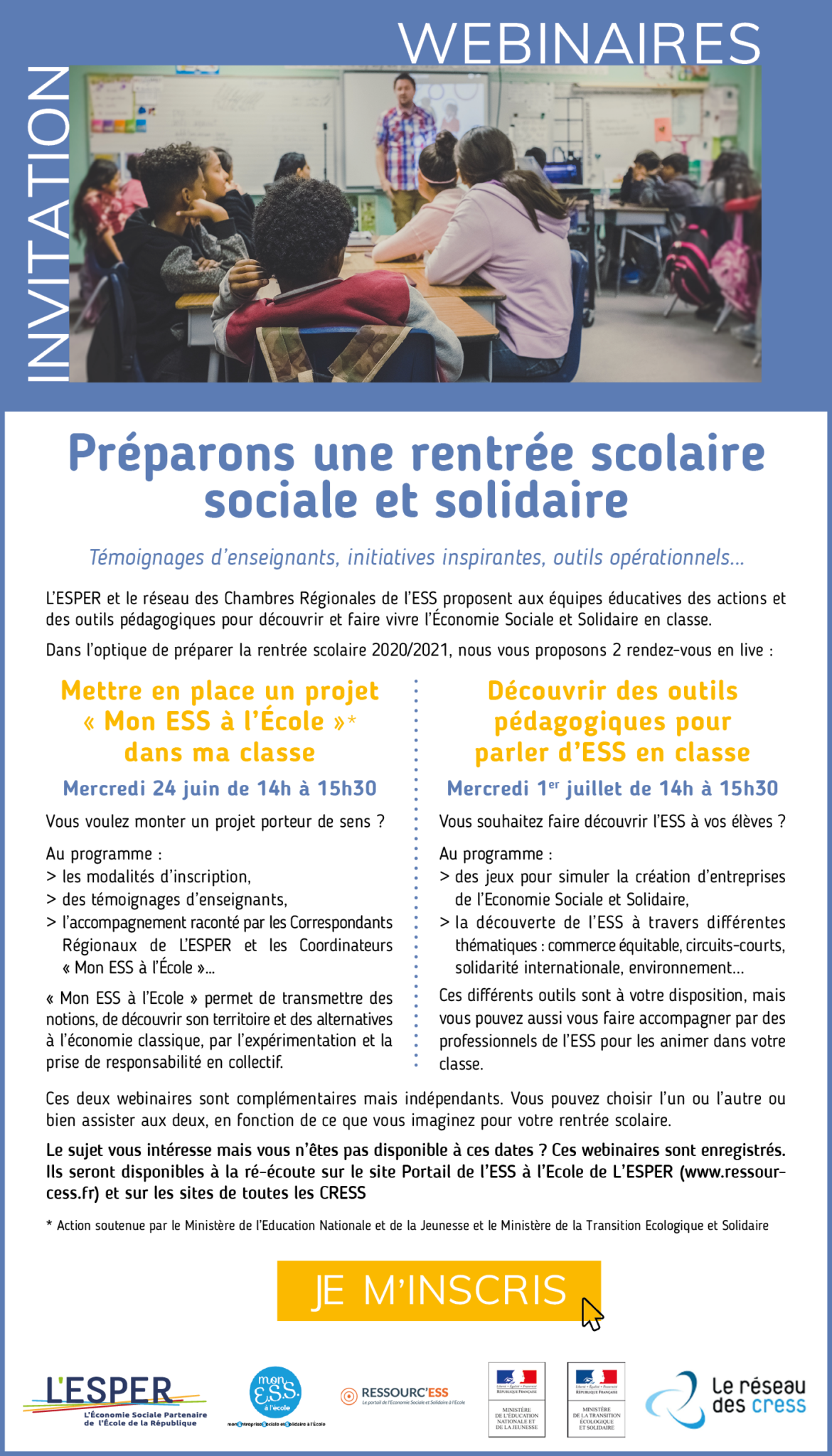 Webinaires préparer une rentrée scolaire sociale et solidaire ! le 24 juin et le 1 juillet.