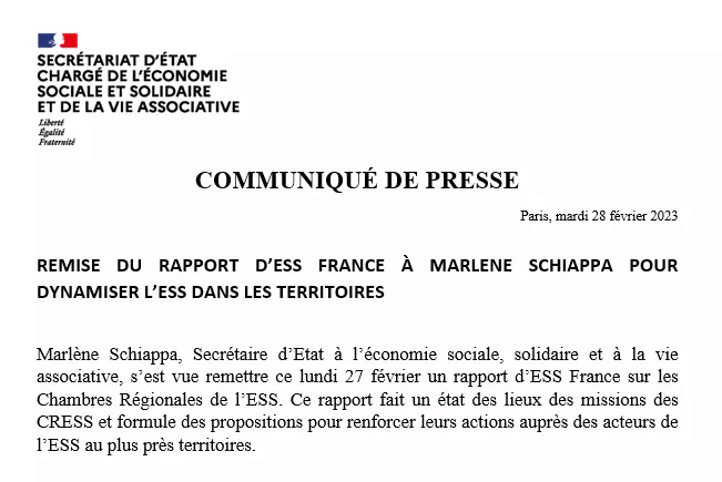 Remise du rapport d’ESS France à Marlène Schiappa pour dynamiser l’ESS dans les territoires [Communiqué de presse]